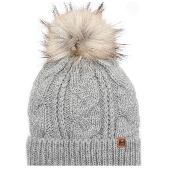 Pom Pom Cabel Knit Slouchy Sherpa Fur Lined Hat - Picture 3 of 5